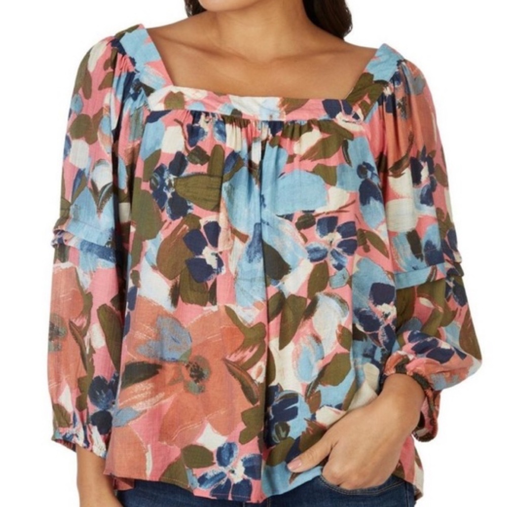 Zac‎ & Rachel Colorful Watercolor Floral Print Square Neck Peasant Blouse Medium